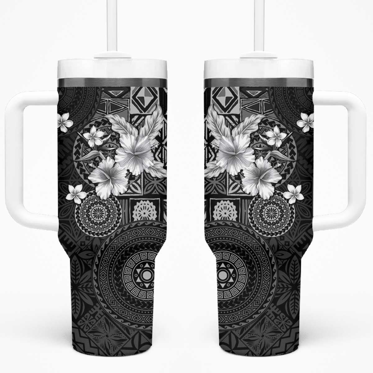 Hawaii Tapa Pattern With Black Hibiscus Tumbler With Handle