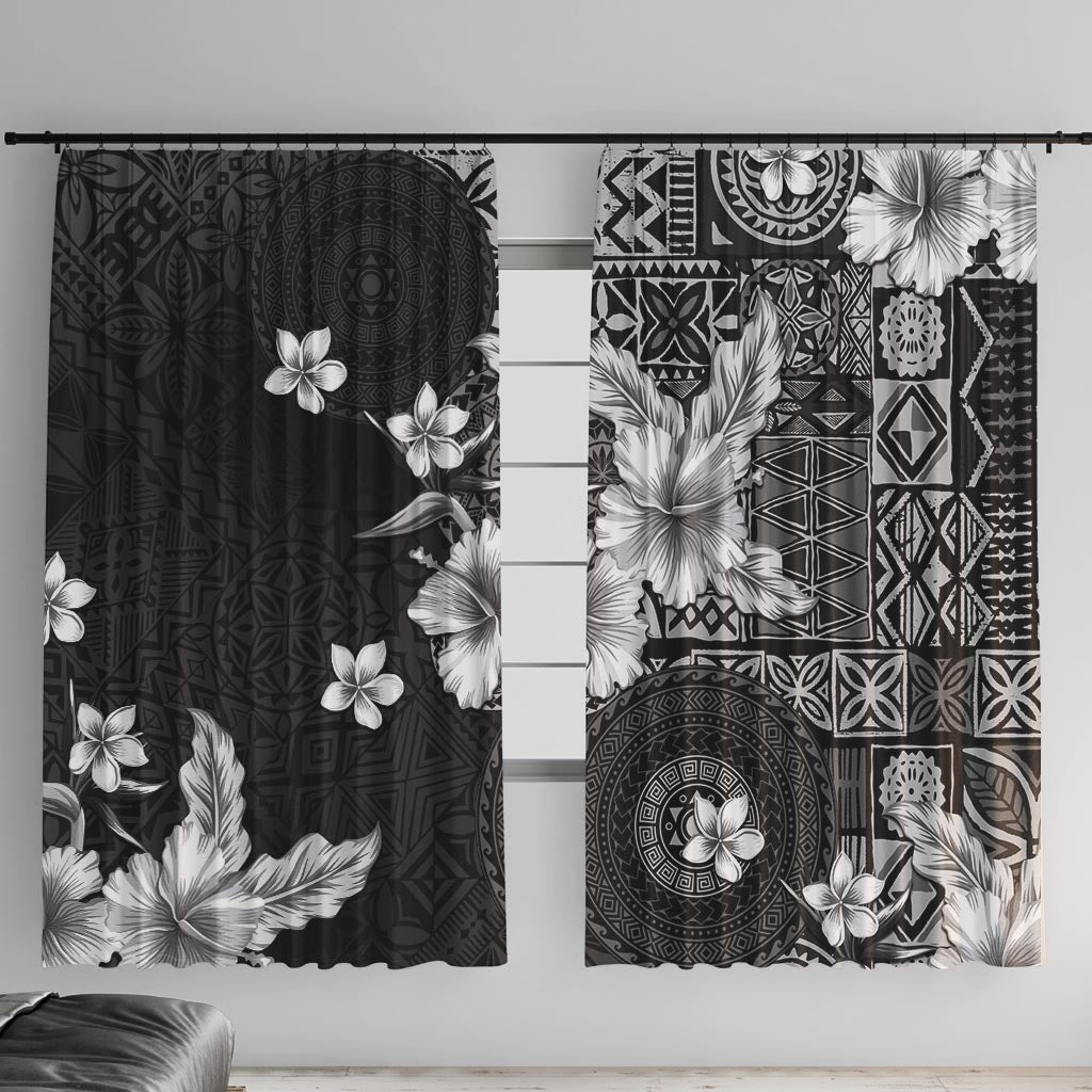 Hawaii Tapa Pattern With Black Hibiscus Window Curtain LT05 With Hooks Black - Polynesian Pride