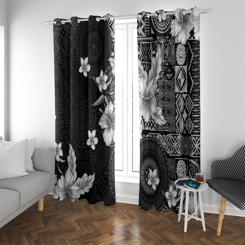 Hawaii Tapa Pattern With Black Hibiscus Window Curtain LT05 With Grommets Black - Polynesian Pride