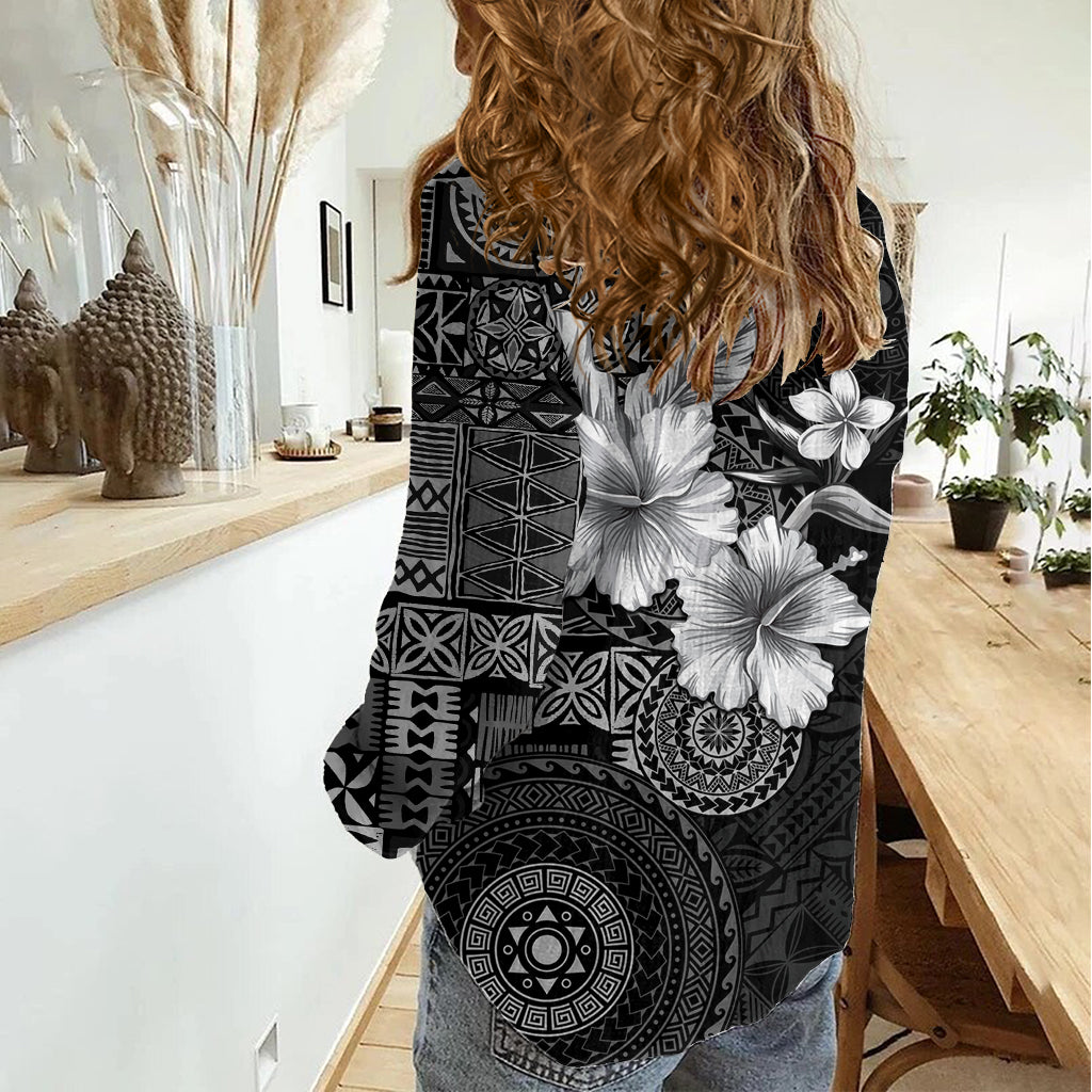 Hawaii Tapa Pattern With Black Hibiscus Women Casual Shirt