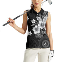 Hawaii Tapa Pattern With Black Hibiscus Women Sleeveless Polo Shirt