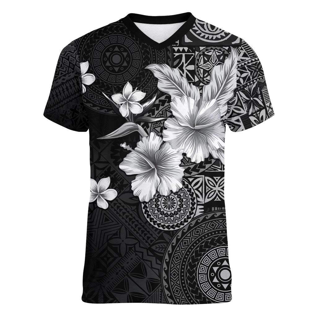 Hawaii Tapa Pattern With Black Hibiscus Women V-Neck T-Shirt