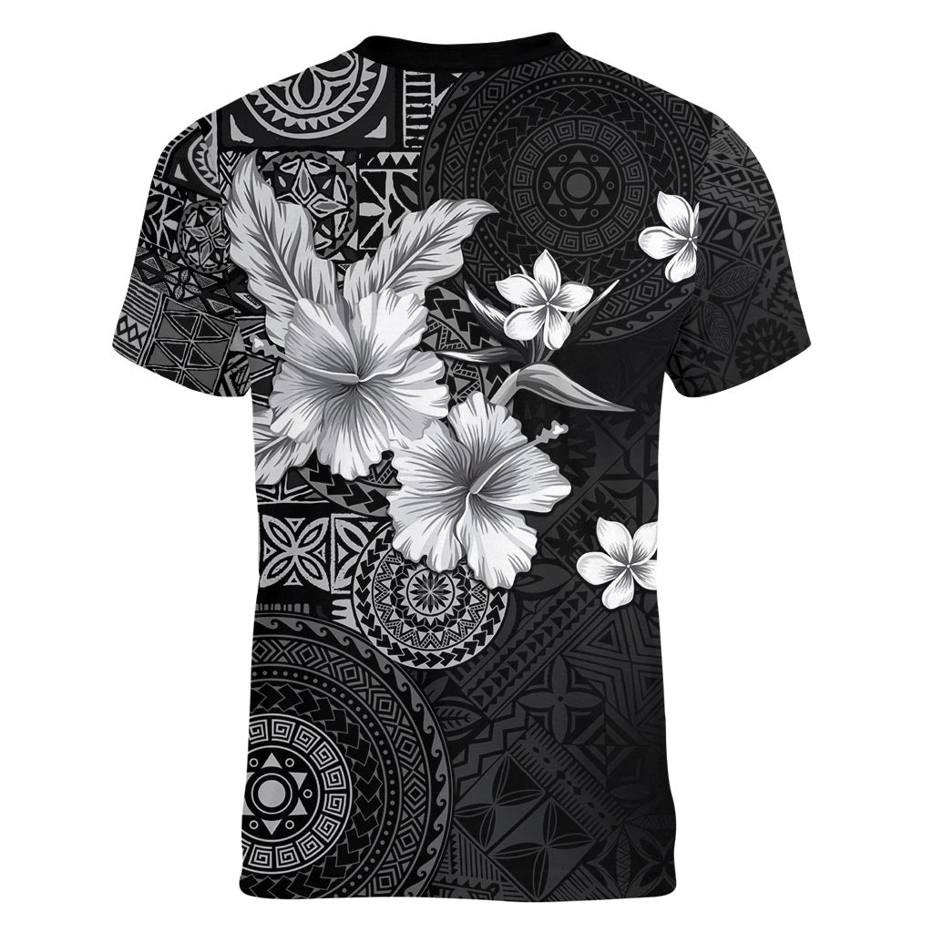 Hawaii Tapa Pattern With Black Hibiscus Women V-Neck T-Shirt