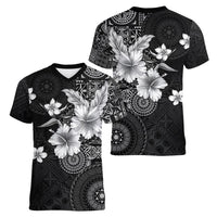 Hawaii Tapa Pattern With Black Hibiscus Women V-Neck T-Shirt