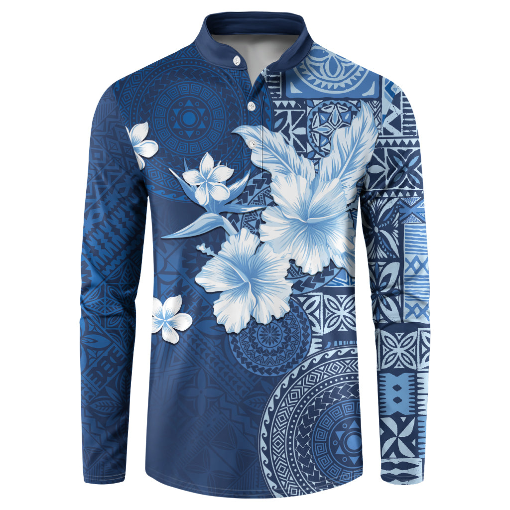 Hawaii Tapa Pattern With Navy Hibiscus Button Sweatshirt LT05 Navy - Polynesian Pride