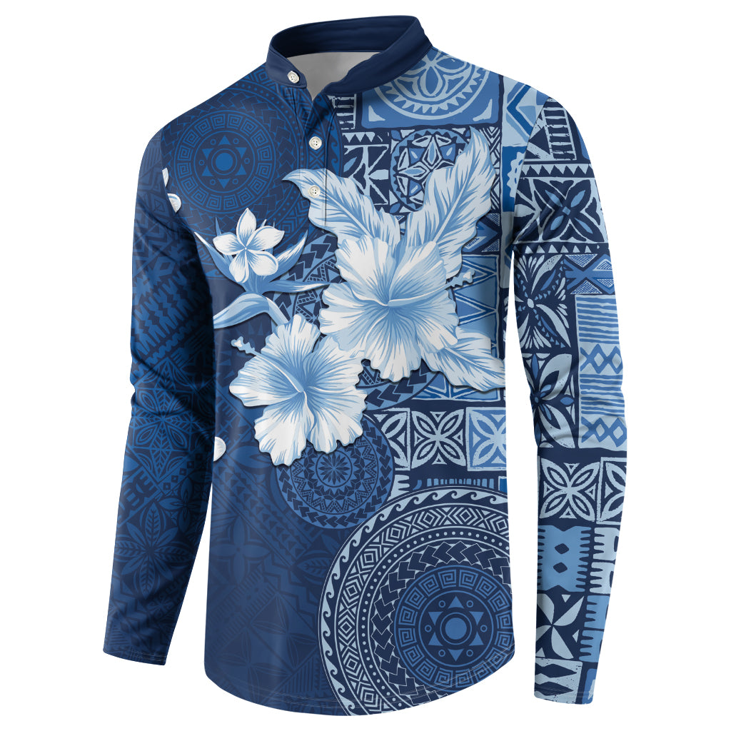 Hawaii Tapa Pattern With Navy Hibiscus Button Sweatshirt LT05 - Polynesian Pride