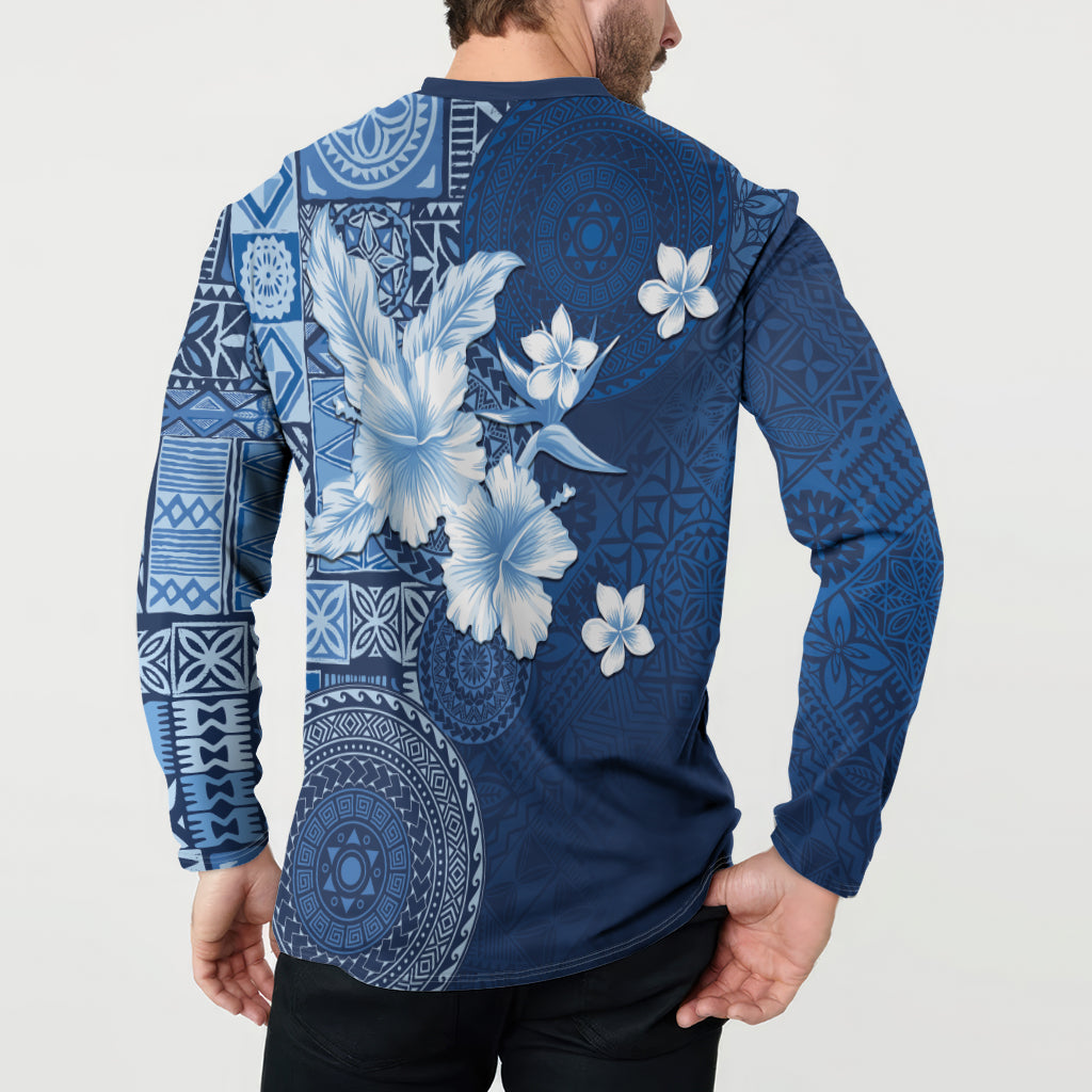 Hawaii Tapa Pattern With Navy Hibiscus Button Sweatshirt LT05 - Polynesian Pride
