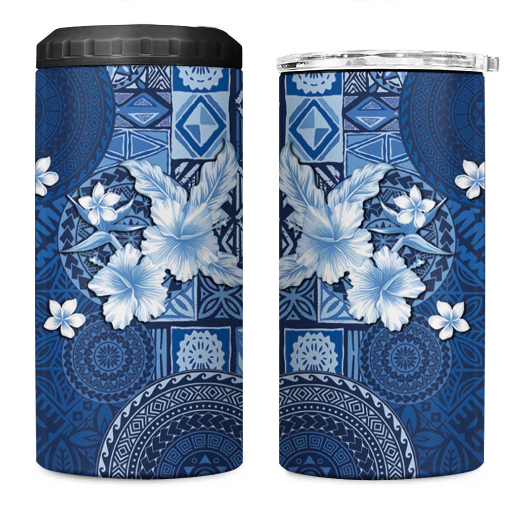Hawaii Tapa Pattern With Navy Hibiscus 4 in 1 Can Cooler Tumbler