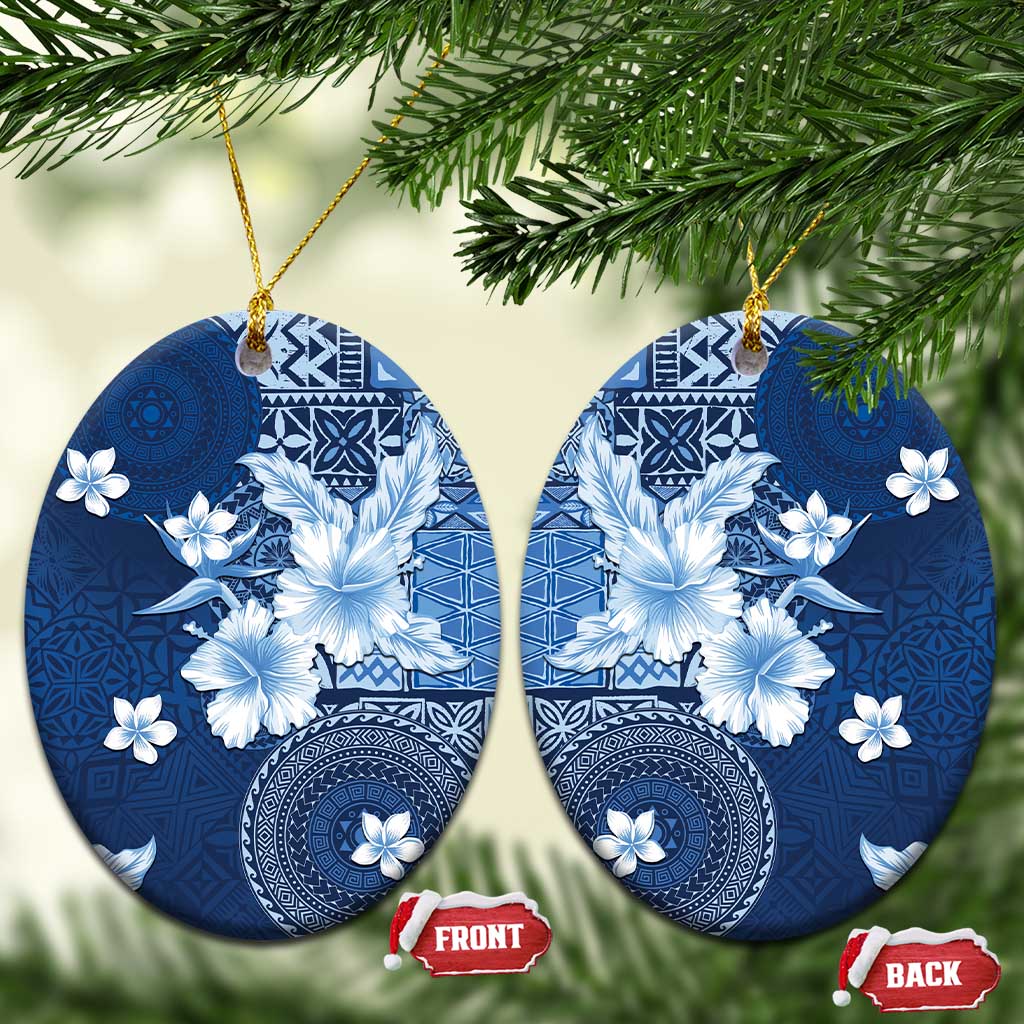 Hawaii Tapa Pattern With Navy Hibiscus Ceramic Ornament LT05 Oval Navy - Polynesian Pride