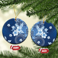 Hawaii Tapa Pattern With Navy Hibiscus Ceramic Ornament LT05 Circle Navy - Polynesian Pride