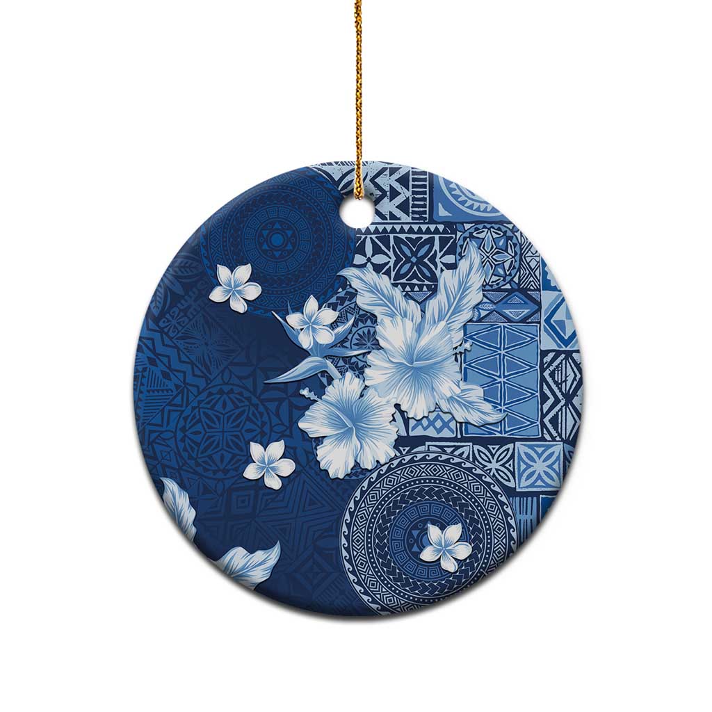 Hawaii Tapa Pattern With Navy Hibiscus Ceramic Ornament LT05 - Polynesian Pride