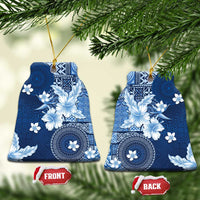 Hawaii Tapa Pattern With Navy Hibiscus Ceramic Ornament LT05 Bell Flake Navy - Polynesian Pride