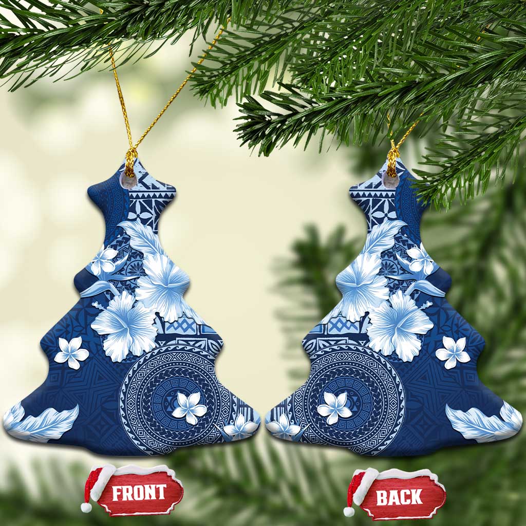 Hawaii Tapa Pattern With Navy Hibiscus Ceramic Ornament LT05 Christmas Tree Navy - Polynesian Pride