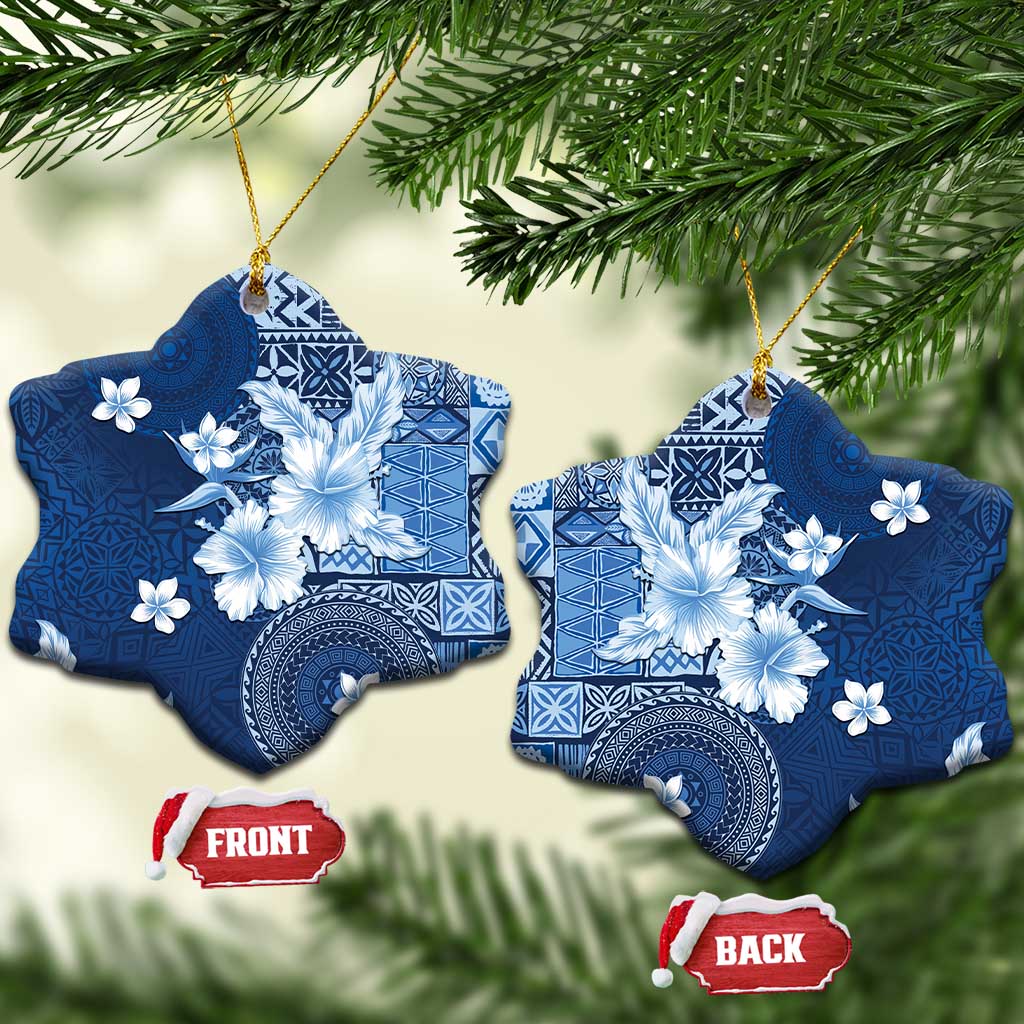 Hawaii Tapa Pattern With Navy Hibiscus Ceramic Ornament LT05 Snow Flake Navy - Polynesian Pride