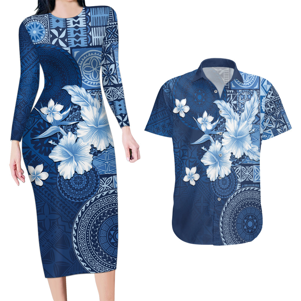 Hawaii Tapa Pattern With Navy Hibiscus Couples Matching Long Sleeve Bodycon Dress and Hawaiian Shirt