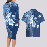 Hawaii Tapa Pattern With Navy Hibiscus Couples Matching Long Sleeve Bodycon Dress and Hawaiian Shirt LT05 - Polynesian Pride