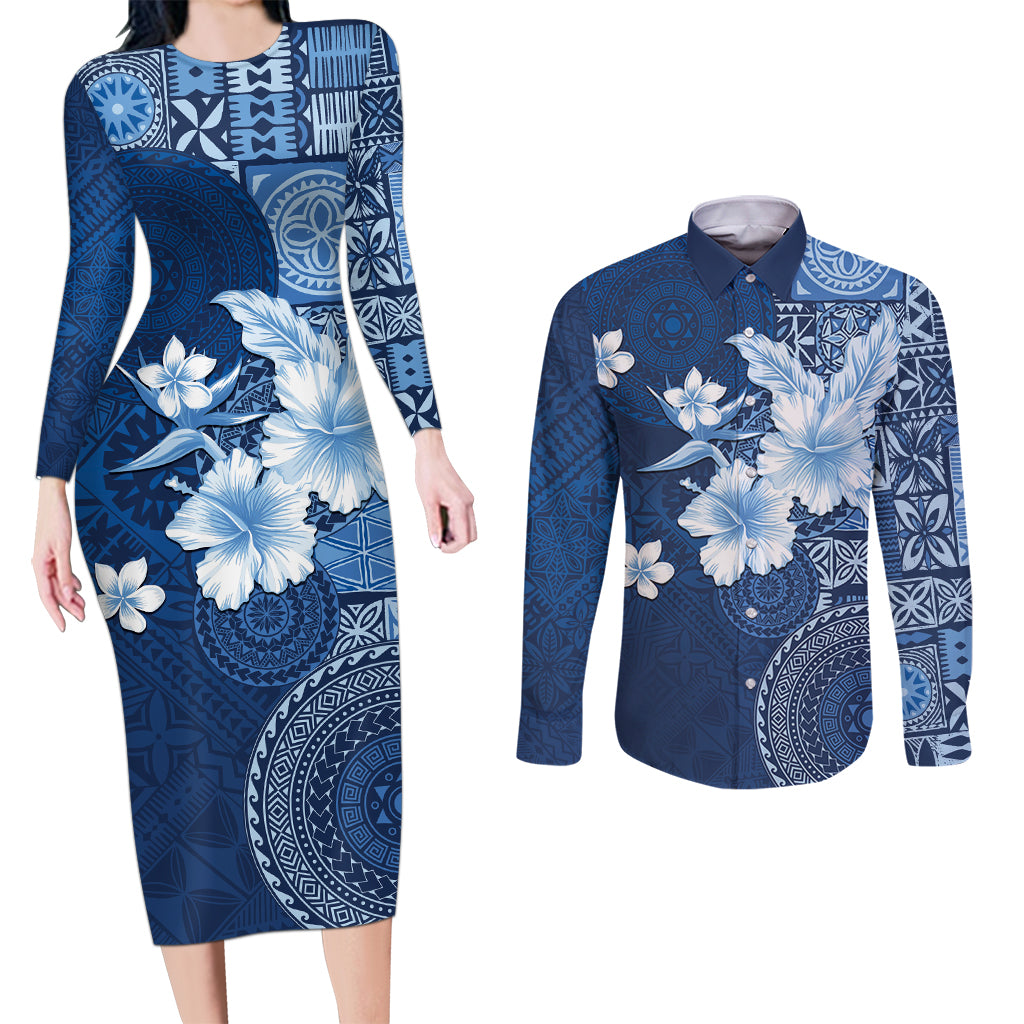 Hawaii Tapa Pattern With Navy Hibiscus Couples Matching Long Sleeve Bodycon Dress and Long Sleeve Button Shirt LT05 Navy - Polynesian Pride