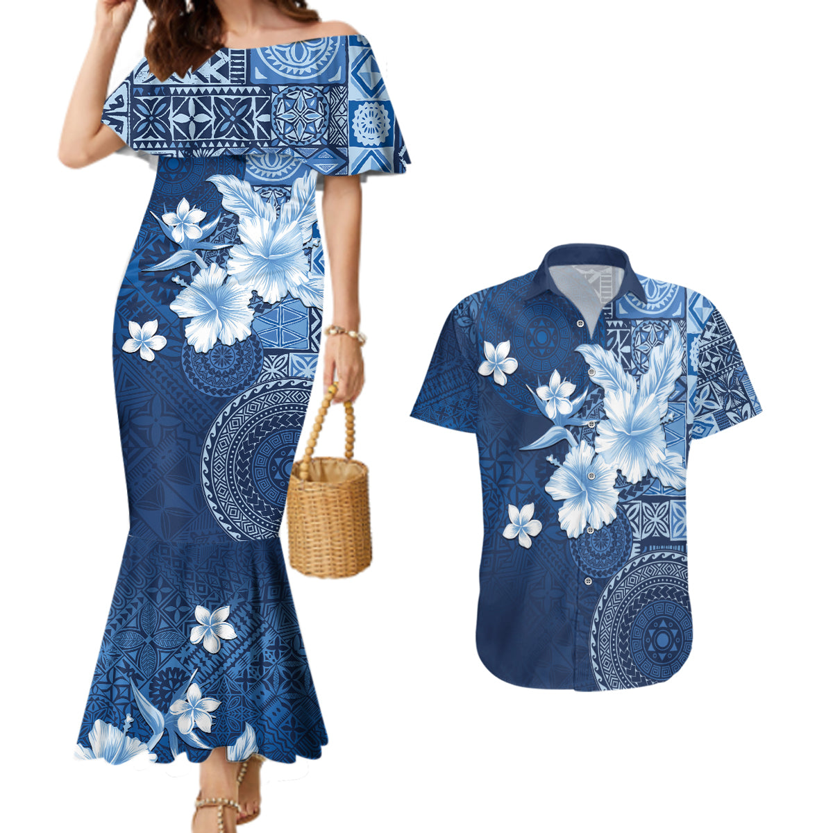 Hawaii Tapa Pattern With Navy Hibiscus Couples Matching Mermaid Dress and Hawaiian Shirt