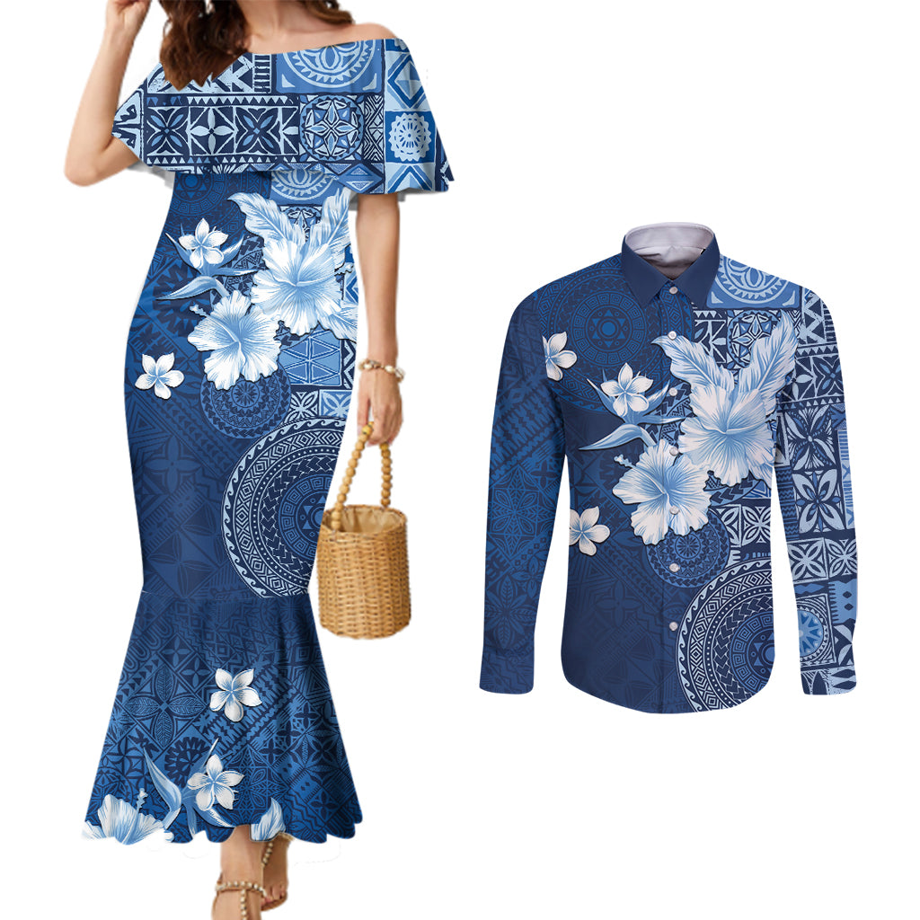 Hawaii Tapa Pattern With Navy Hibiscus Couples Matching Mermaid Dress and Long Sleeve Button Shirt LT05 Navy - Polynesian Pride