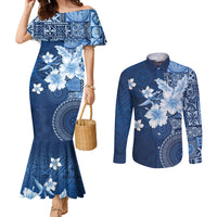 Hawaii Tapa Pattern With Navy Hibiscus Couples Matching Mermaid Dress and Long Sleeve Button Shirt LT05 Navy - Polynesian Pride