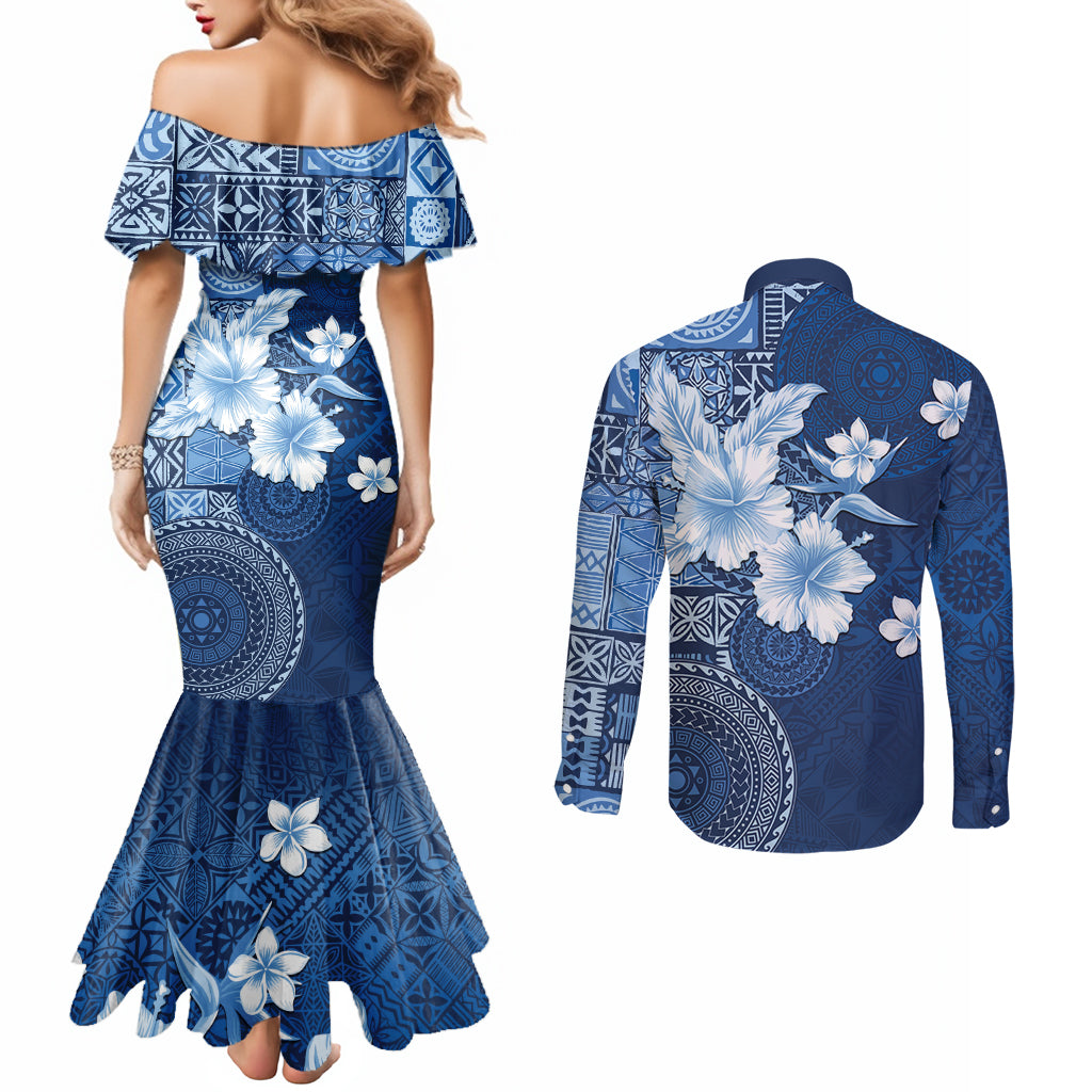 Hawaii Tapa Pattern With Navy Hibiscus Couples Matching Mermaid Dress and Long Sleeve Button Shirt LT05 - Polynesian Pride