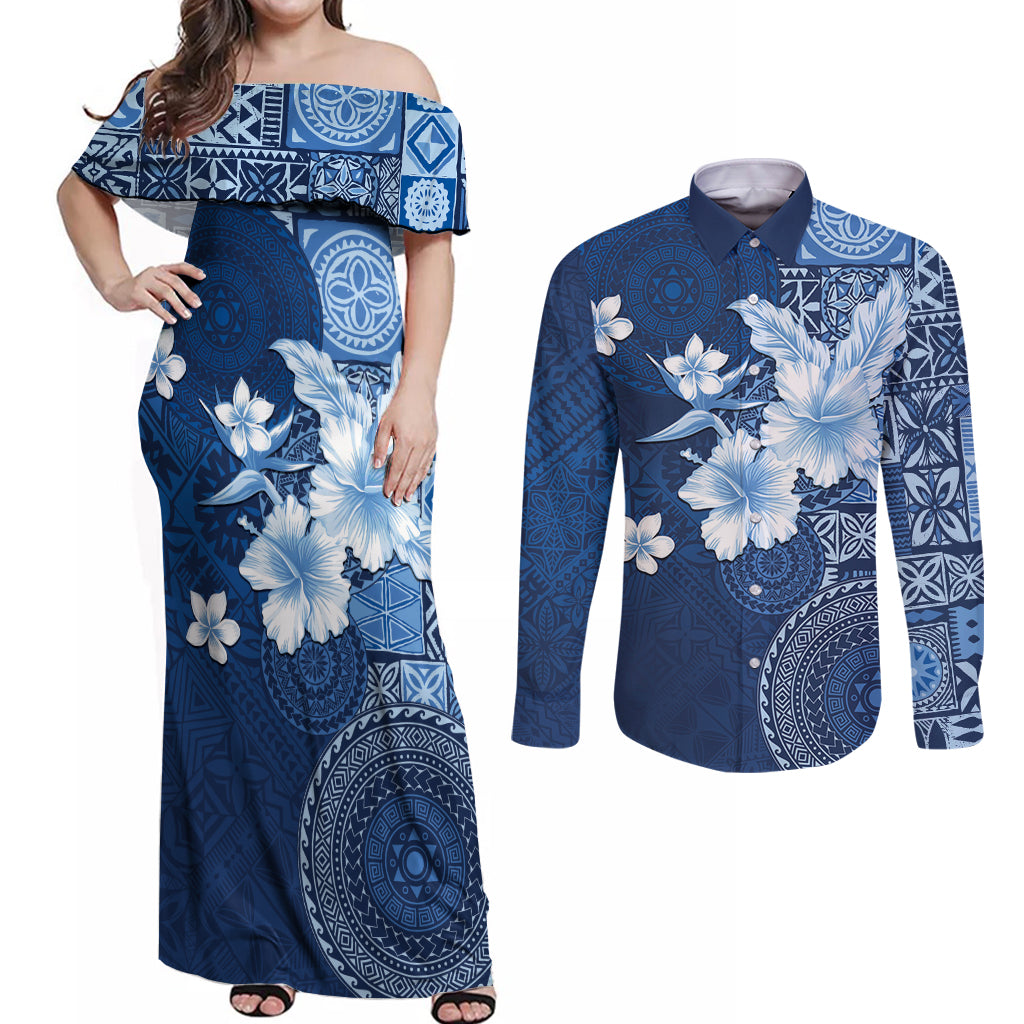 Hawaii Tapa Pattern With Navy Hibiscus Couples Matching Off Shoulder Maxi Dress and Long Sleeve Button Shirt LT05 Navy - Polynesian Pride