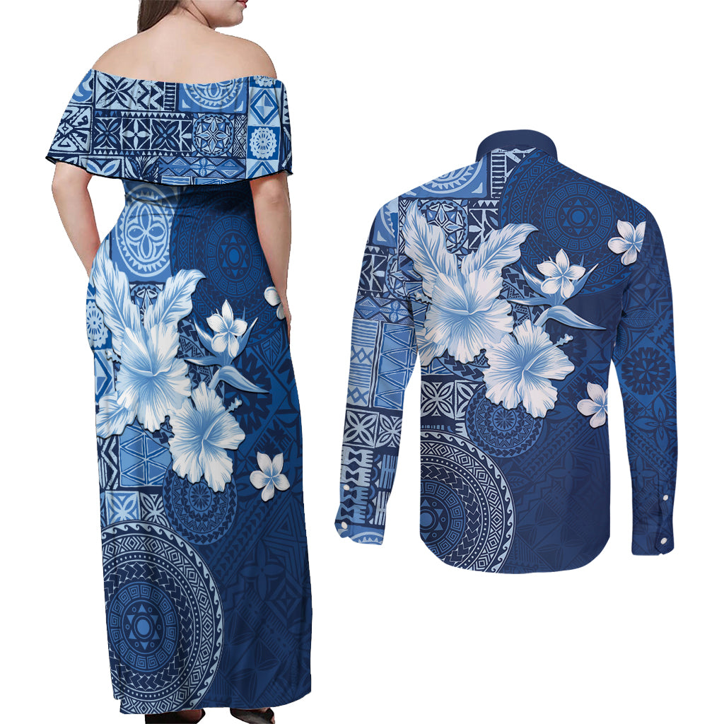 Hawaii Tapa Pattern With Navy Hibiscus Couples Matching Off Shoulder Maxi Dress and Long Sleeve Button Shirt LT05 - Polynesian Pride