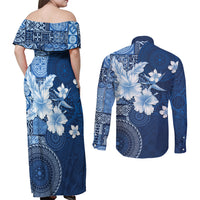 Hawaii Tapa Pattern With Navy Hibiscus Couples Matching Off Shoulder Maxi Dress and Long Sleeve Button Shirt LT05 - Polynesian Pride