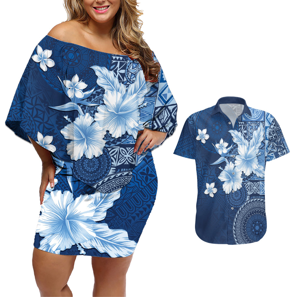 Hawaii Tapa Pattern With Navy Hibiscus Couples Matching Off Shoulder Short Dress and Hawaiian Shirt LT05 Navy - Polynesian Pride