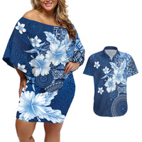 Hawaii Tapa Pattern With Navy Hibiscus Couples Matching Off Shoulder Short Dress and Hawaiian Shirt LT05 Navy - Polynesian Pride