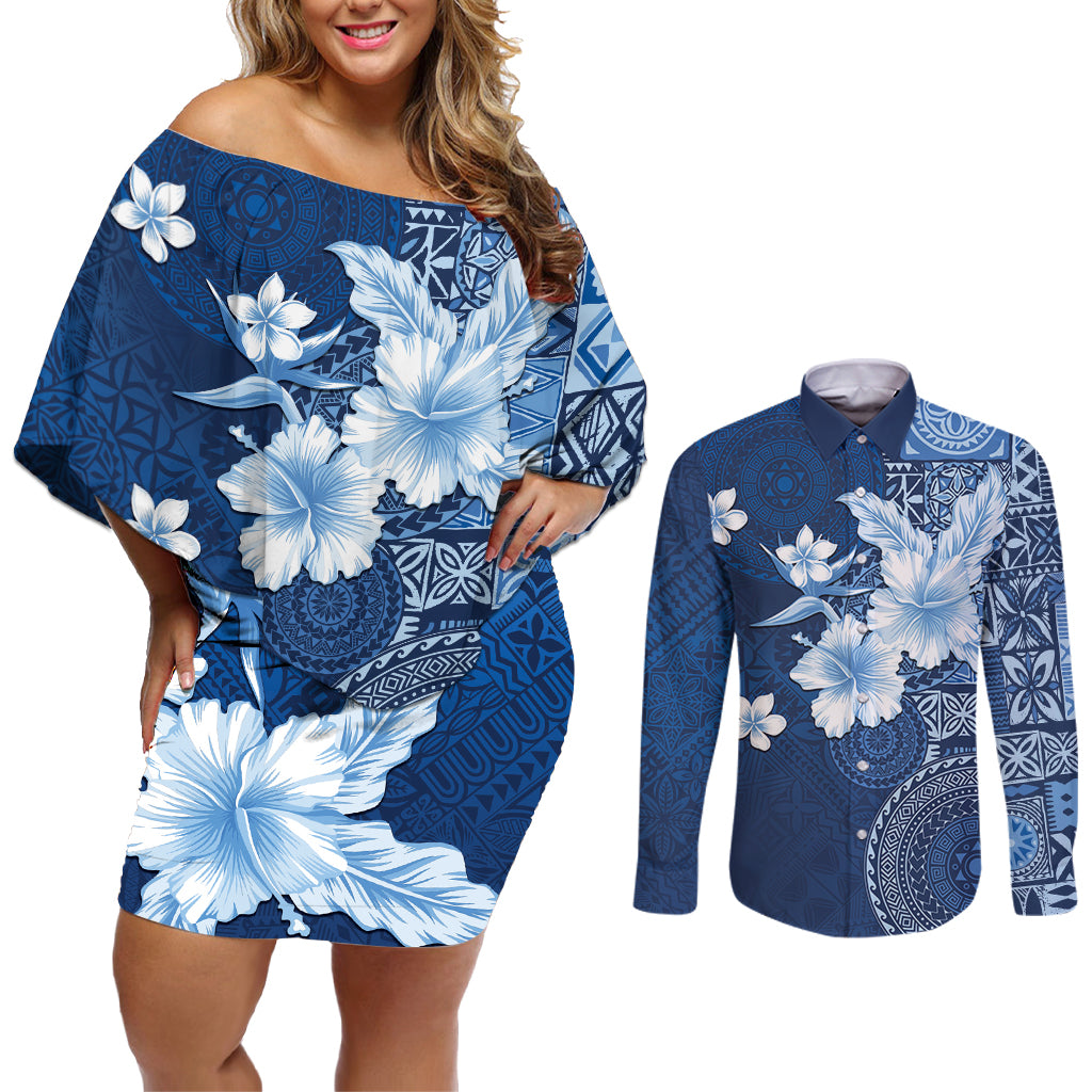Hawaii Tapa Pattern With Navy Hibiscus Couples Matching Off Shoulder Short Dress and Long Sleeve Button Shirt LT05 Navy - Polynesian Pride