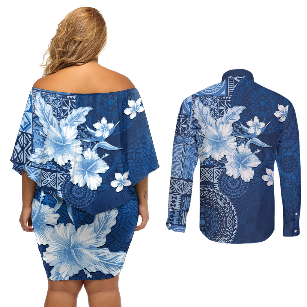 Hawaii Tapa Pattern With Navy Hibiscus Couples Matching Off Shoulder Short Dress and Long Sleeve Button Shirt LT05 - Polynesian Pride