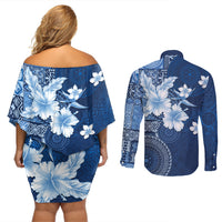 Hawaii Tapa Pattern With Navy Hibiscus Couples Matching Off Shoulder Short Dress and Long Sleeve Button Shirt LT05 - Polynesian Pride