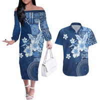 Hawaii Tapa Pattern With Navy Hibiscus Couples Matching Off The Shoulder Long Sleeve Dress and Hawaiian Shirt LT05 Navy - Polynesian Pride