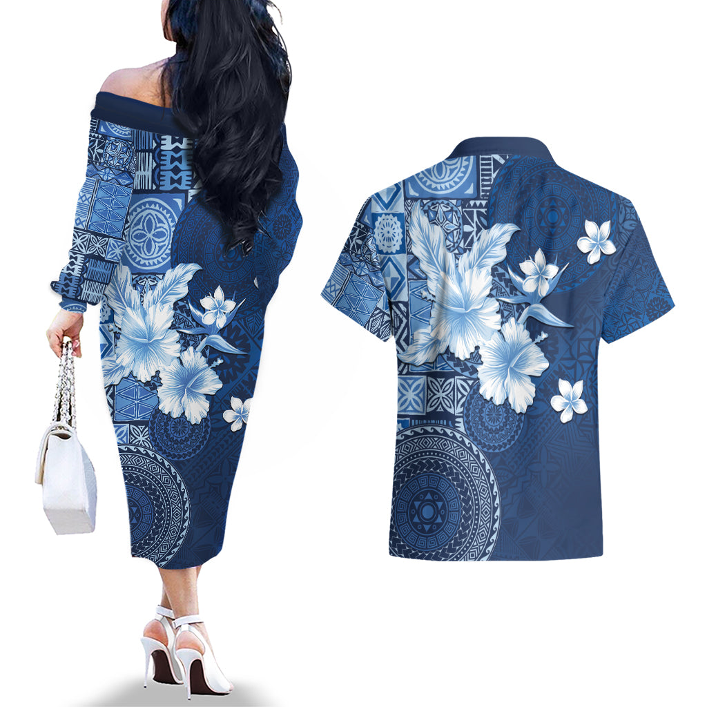 Hawaii Tapa Pattern With Navy Hibiscus Couples Matching Off The Shoulder Long Sleeve Dress and Hawaiian Shirt LT05 - Polynesian Pride