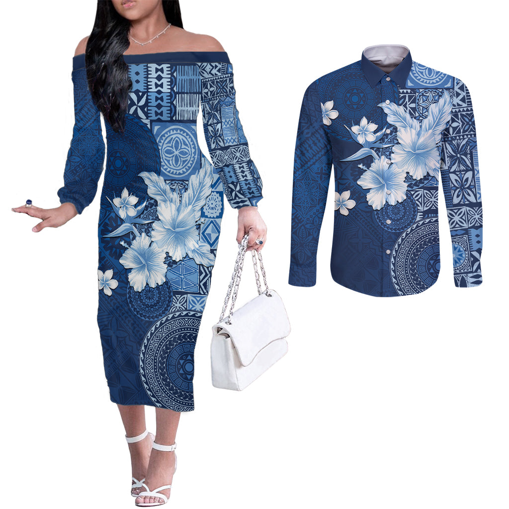 Hawaii Tapa Pattern With Navy Hibiscus Couples Matching Off The Shoulder Long Sleeve Dress and Long Sleeve Button Shirt LT05 Navy - Polynesian Pride