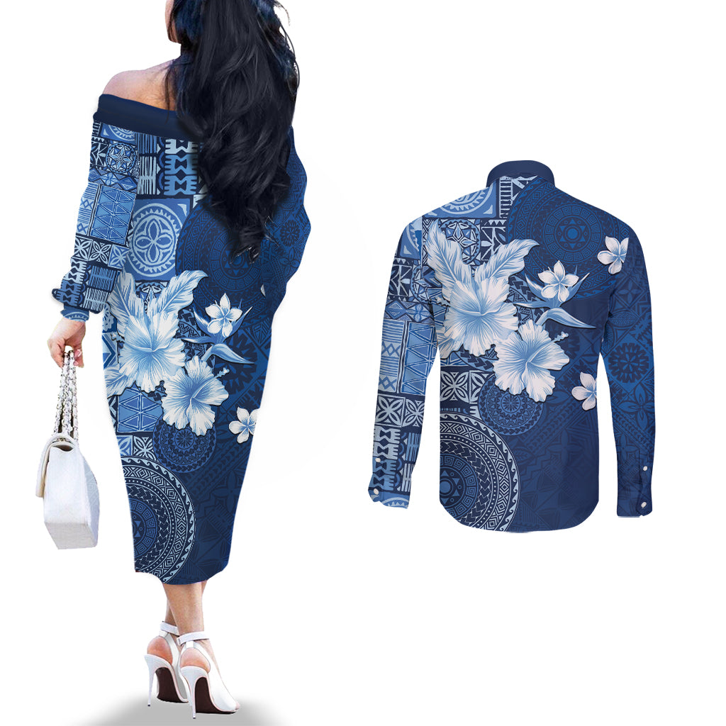 Hawaii Tapa Pattern With Navy Hibiscus Couples Matching Off The Shoulder Long Sleeve Dress and Long Sleeve Button Shirt LT05 - Polynesian Pride