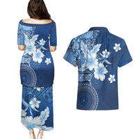 Hawaii Tapa Pattern With Navy Hibiscus Couples Matching Puletasi and Hawaiian Shirt LT05 - Polynesian Pride