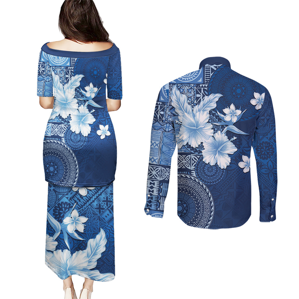 Hawaii Tapa Pattern With Navy Hibiscus Couples Matching Puletasi and Long Sleeve Button Shirt LT05 - Polynesian Pride