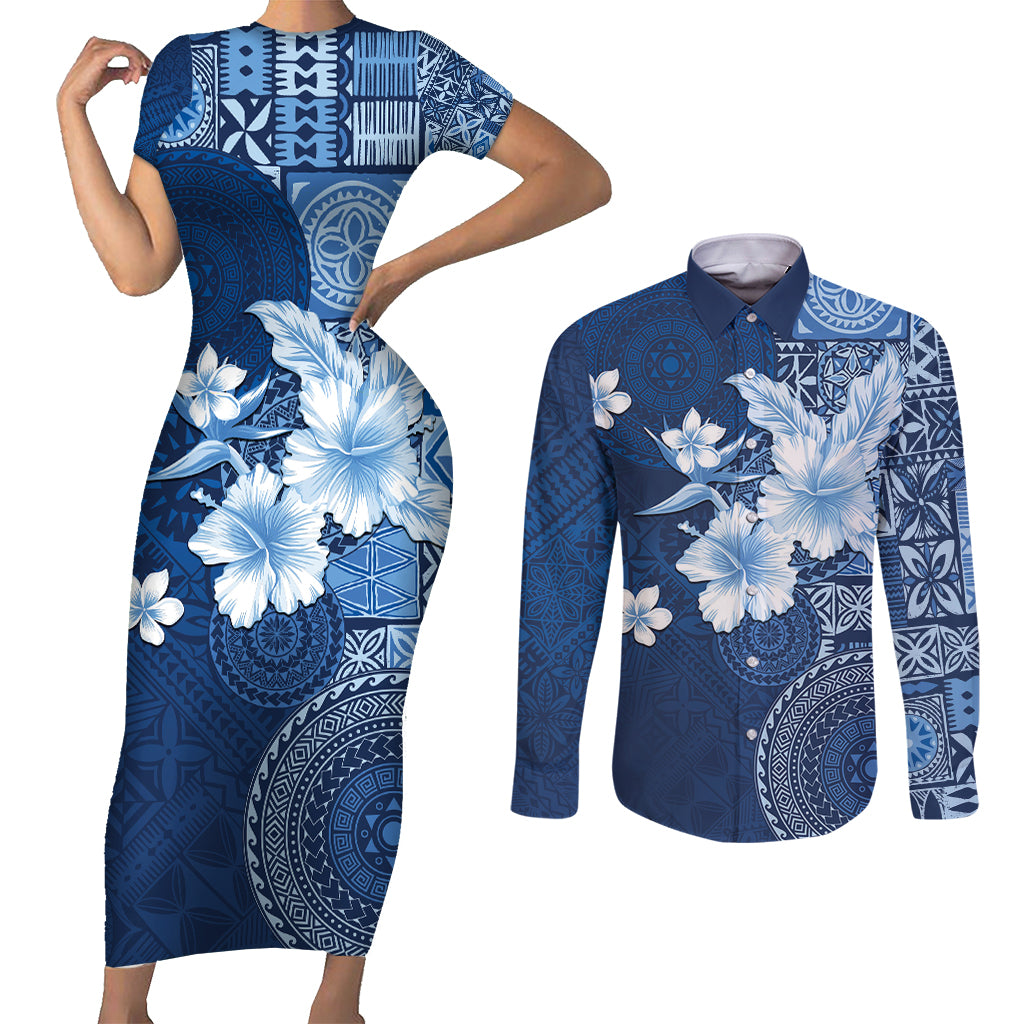 Hawaii Tapa Pattern With Navy Hibiscus Couples Matching Short Sleeve Bodycon Dress and Long Sleeve Button Shirt LT05 Navy - Polynesian Pride