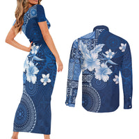 Hawaii Tapa Pattern With Navy Hibiscus Couples Matching Short Sleeve Bodycon Dress and Long Sleeve Button Shirt LT05 - Polynesian Pride