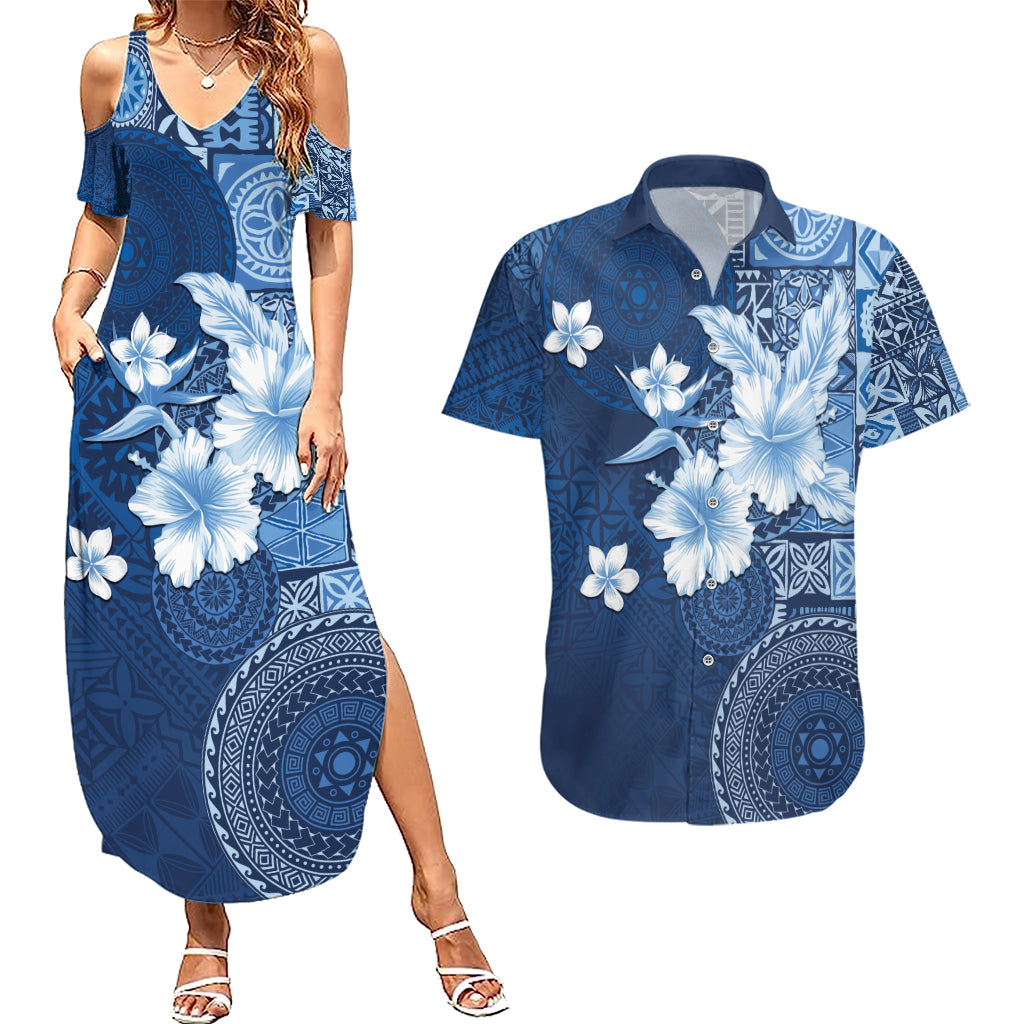 Hawaii Tapa Pattern With Navy Hibiscus Couples Matching Summer Maxi Dress and Hawaiian Shirt LT05 Navy - Polynesian Pride