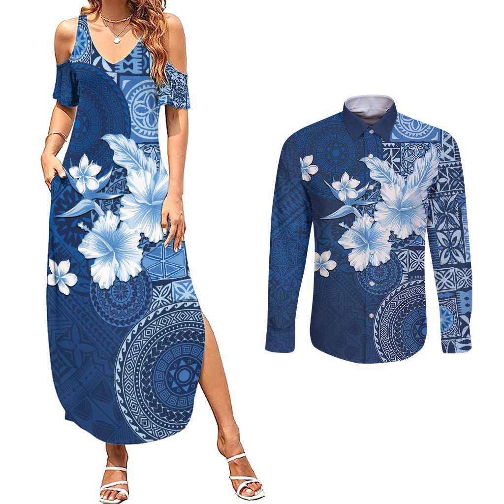 Hawaii Tapa Pattern With Navy Hibiscus Couples Matching Summer Maxi Dress and Long Sleeve Button Shirt LT05 Navy - Polynesian Pride