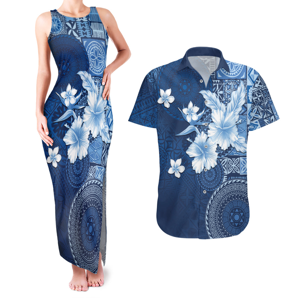 Hawaii Tapa Pattern With Navy Hibiscus Couples Matching Tank Maxi Dress and Hawaiian Shirt LT05 Navy - Polynesian Pride