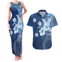 Hawaii Tapa Pattern With Navy Hibiscus Couples Matching Tank Maxi Dress and Hawaiian Shirt LT05 Navy - Polynesian Pride