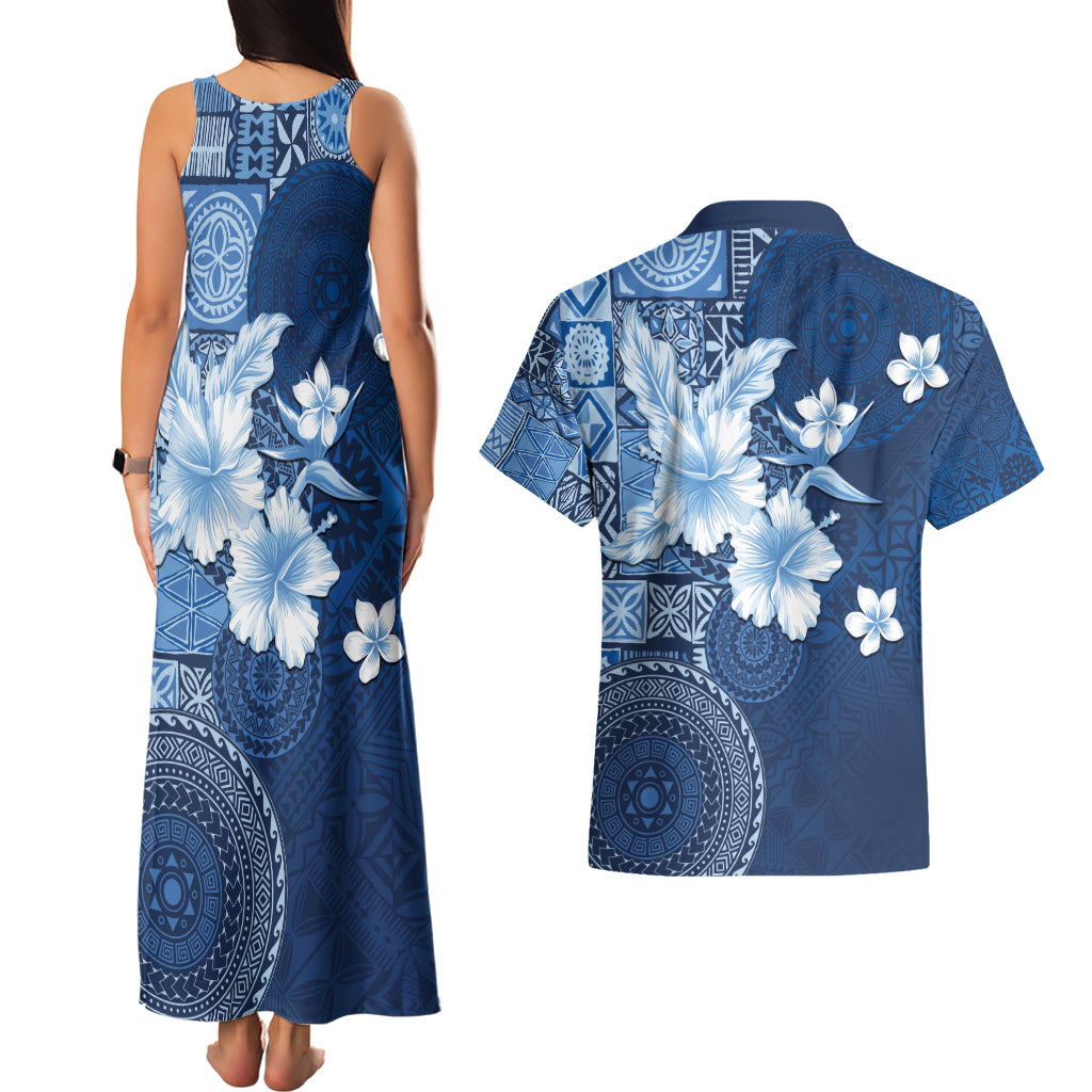 Hawaii Tapa Pattern With Navy Hibiscus Couples Matching Tank Maxi Dress and Hawaiian Shirt LT05 - Polynesian Pride