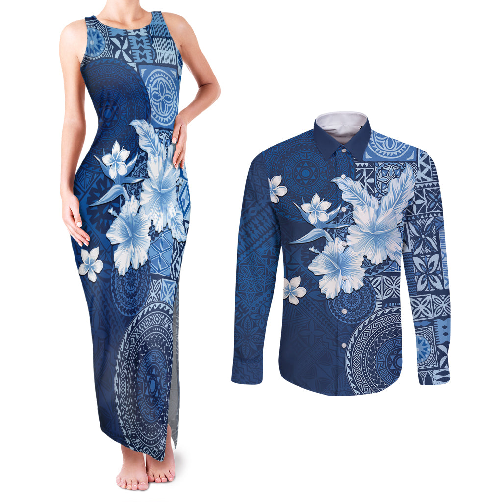 Hawaii Tapa Pattern With Navy Hibiscus Couples Matching Tank Maxi Dress and Long Sleeve Button Shirt LT05 Navy - Polynesian Pride