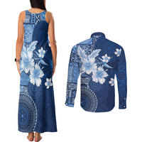 Hawaii Tapa Pattern With Navy Hibiscus Couples Matching Tank Maxi Dress and Long Sleeve Button Shirt LT05 - Polynesian Pride