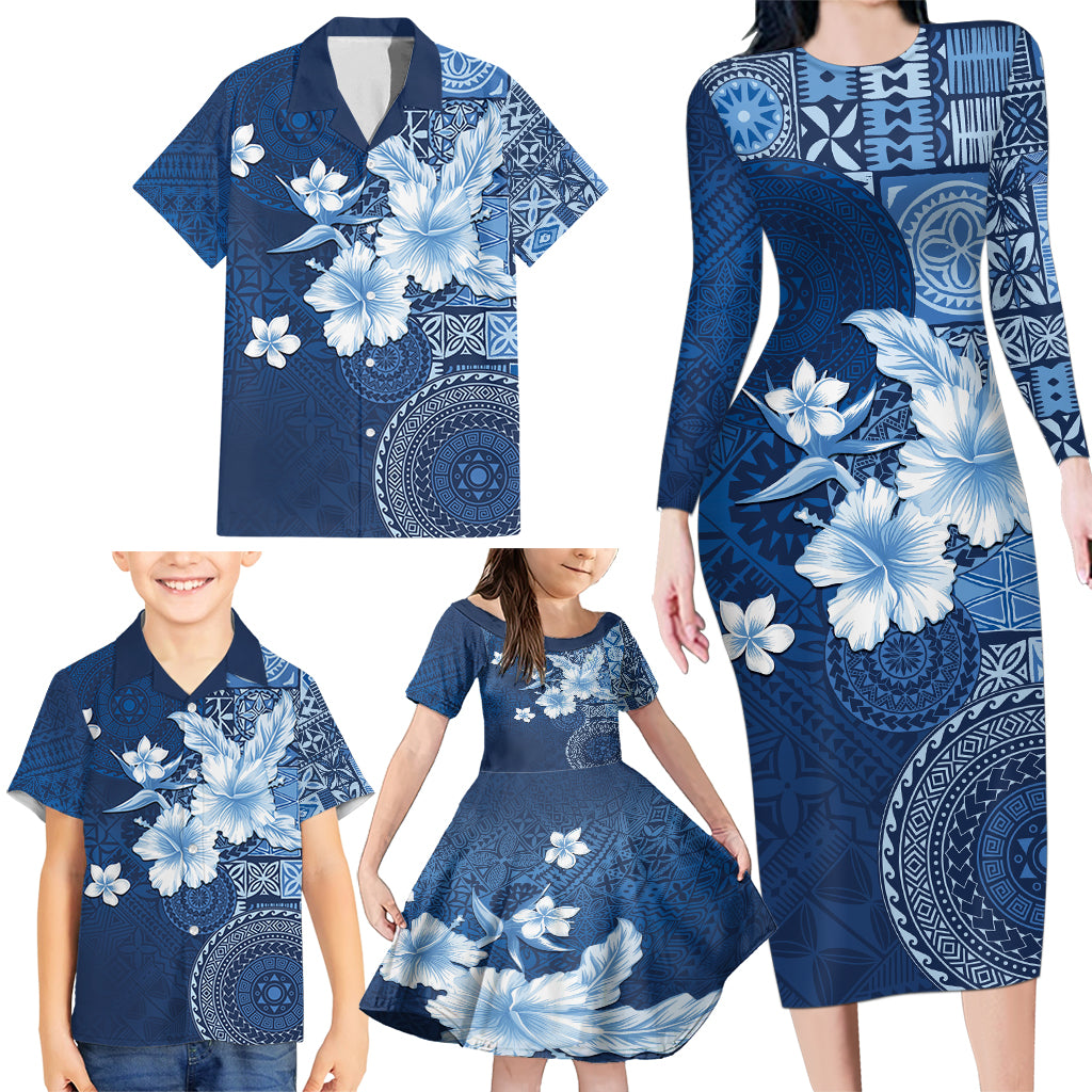Hawaii Tapa Pattern With Navy Hibiscus Family Matching Long Sleeve Bodycon Dress and Hawaiian Shirt LT05 - Polynesian Pride