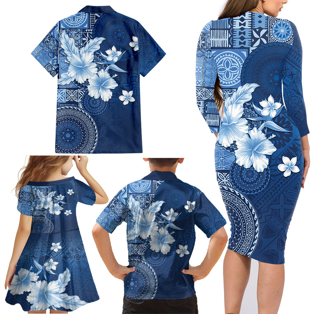 Hawaii Tapa Pattern With Navy Hibiscus Family Matching Long Sleeve Bodycon Dress and Hawaiian Shirt LT05 - Polynesian Pride